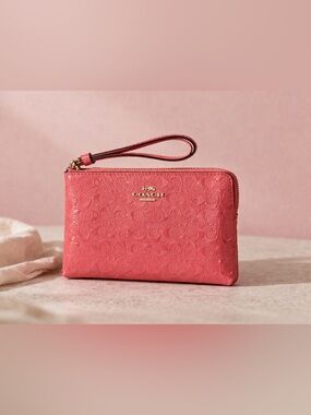 Coach Coral Pink Signature Patent Leather Wristlet